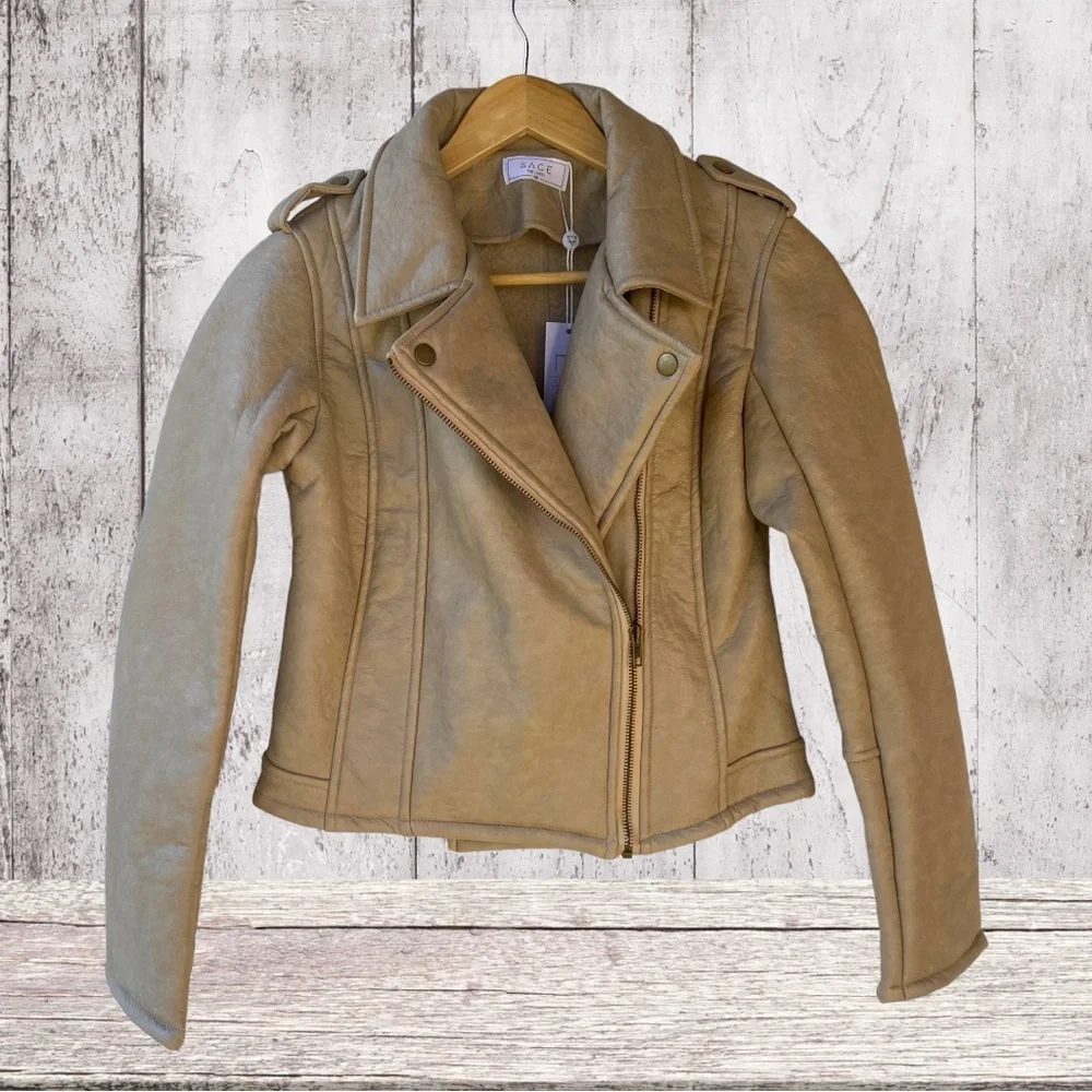 HP✨NWT SAGE the Label Rustic Heart Biker Faux Leather Moto Long Sleeve Jacket XS - Picture 3 of 16